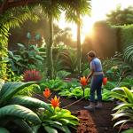 **A lush, vibrant garden scene at sunrise. Focus on a person inspecting plants, looking for pests or signs of water deficiency. Emphasize the detail in the leaves and soil.**