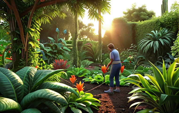**A lush, vibrant garden scene at sunrise. Focus on a person inspecting plants, looking for pests or signs of water deficiency. Emphasize the detail in the leaves and soil.**